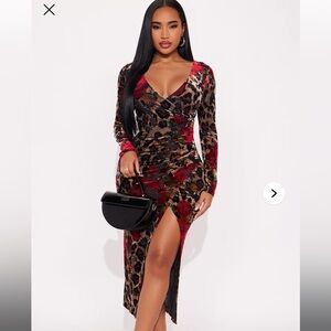 Sexy leopard and red print midi dress with slit